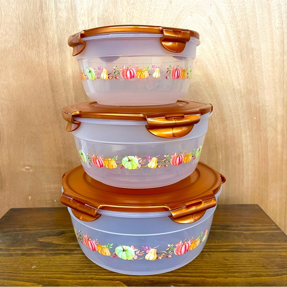 Lock & Lock 3 Piece Nested Seasonal Printed Bowls Autumn NIB
